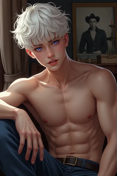 score_9, score_8_up, score_7_up, 1boy, manhwa, domonio incubu, white hair, short curly hair, twink, alone, young man, looking at viewer, tanned skin, blush, closed mouth, short hair, bangs, fangs, violet eyes , cowboy photo, indoors, blunt bangs, large and...