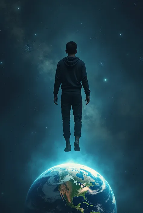 Young man out of planet earth floating in space watching the earth in black clothes