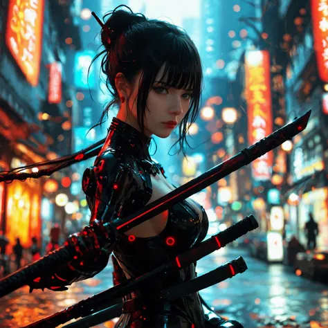 Beautiful black cyber woman with two blood stained katanas in a futuristic city 