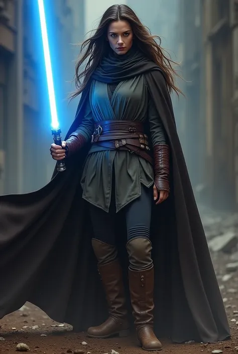 Liv Tyler as a Jedi, blue lightsaber, full_body, full_view, boots, long_hair, messy_hair 