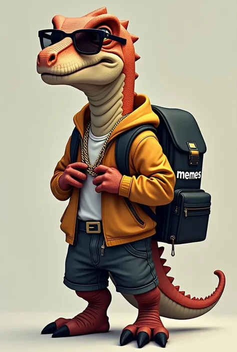 A dinosaur standing with dark black glasses, with his gold chain, arms crossed carrying a backpack that says memes, and that has a lot of Reggaeton flow 