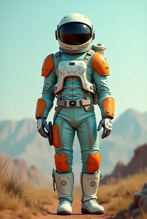 live-action、Real、A retro space suit-like silhouette in light blue and orange、boots、Thick gloves、A helmet with a silhouette similar to rugby headgear
