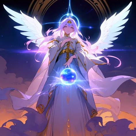 A majestic anime character, exuding an ethereal aura, It is gracefully in the center, embodying a sense of divine power. The figure is enveloped in a soft, golden light that glows with a warm glow, casting delicate rays across the scene. Her long, flowing ...