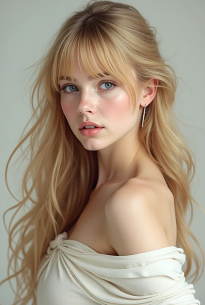  Blonde woman with blue eyes. Long golden hair with bangs wearing a long shirt.