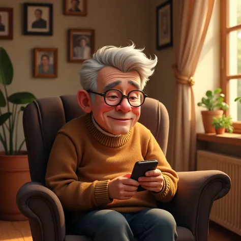 Michael ("senior citizen, affectionate, still in love with Sofia after so many years"), with 90 years in pixar style/cartoon, is sitting in an armchair in his living room, surrounded by old photos. He holds the phone, with a hopeful and loving look, talkin...