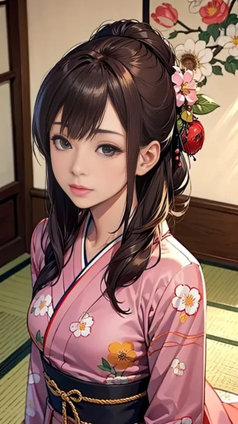 beautiful woman in floral kimono、small、i see a red bra、beautiful face、eyes with a strong will、medium long、brown hair、tatami room...