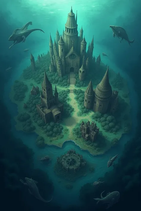 Drawing of a map of a giant aquatic kingdom with a very dark and murky sea, with several houses spread across it, various sea creatures scattered throughout the kingdom 