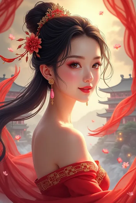 masterpiece,best quality,1 girl, daji, smille, red dress, chinese clothes, bare shoulders, pink earrings, floral, Gorgeous palaces, resplendent, red scarves