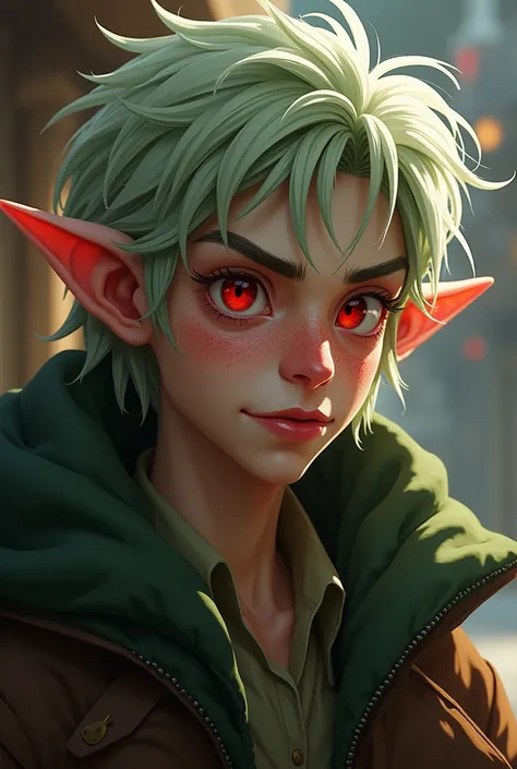 Young half-elf, drunk and scammer, He has a VERY unruly greenish-white mane, almond-shaped eyes BLOOD RED, Pale Skin with Freckles, reddish lips and VERY flushed cheeks, stomach 1,70 meters tall with a thin complexion and full of freckles.