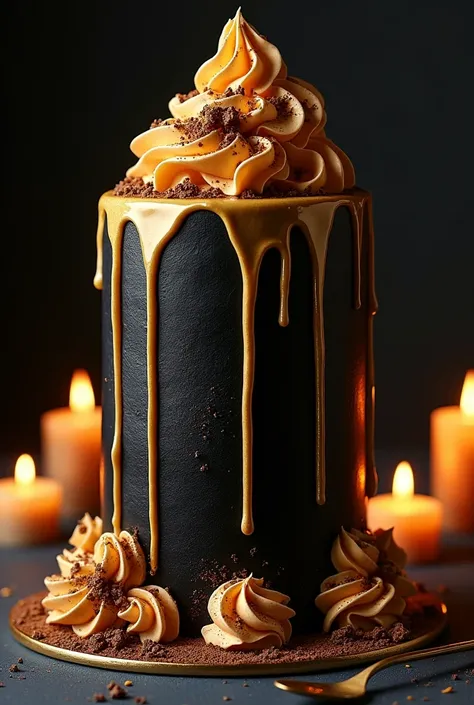 black cake, wide with golden glaze and cream, with several bottomless candles lit, without a single-tier tray with cream and golden frosting spilling out 
 







