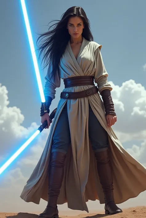 Liv Tyler as a Jedi, blue lightsaber, full_body, full_view, front_view, sling robe, boots, long_hair, messy_hair 