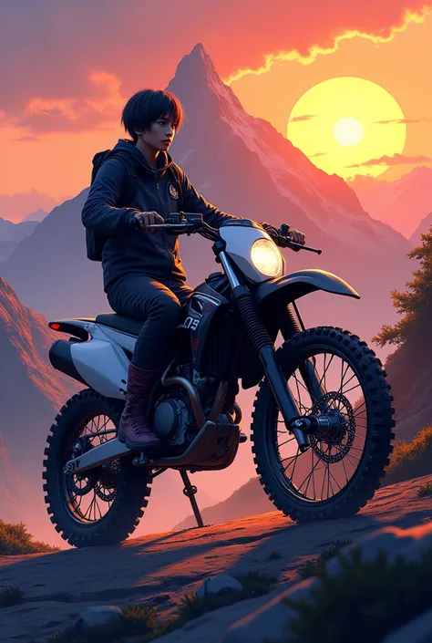 create an illustration of a yamaha yz 125 on a mountain with a sunset in the background with a short-haired character