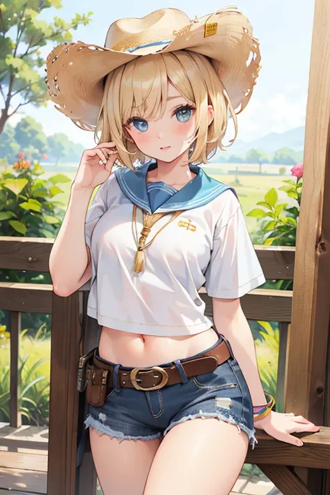 (Best Quality,8k,High resolution,realist,ultra-realist:1.2),blonde girl,short hair,Beautiful and detailed eyes,Beautiful and detailed lips, texan cowboy hat, natural beauty in shorts, cowboy belt, barefoot