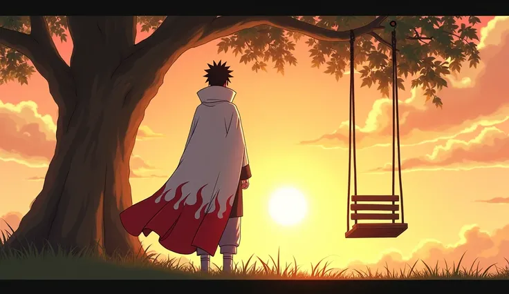 A vivid, emotional scene depicting Naruto in his Seventh Hokage attire, standing tall with his back to the viewer. His iconic white cloak with red flame motifs flows gently in the wind, creating a sense of pride and nostalgia. He stands beside the swing wh...