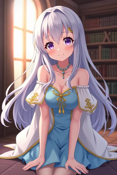 Make Celia Claire from the anime Seirei Gensouki. She is a young woman of short stature, with long, silver hair that reaches her waist, slightly wavy at the ends. Her eyes are large and violet in color, expressing intelligence and kindness. Your skin is cl...