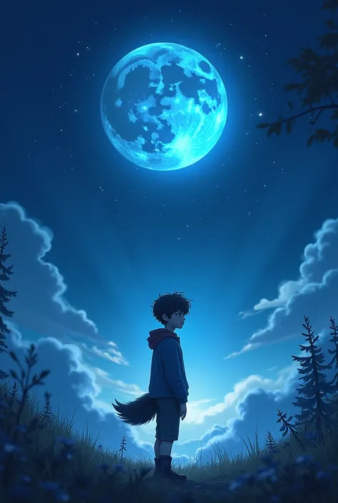 starry night with blue moon and a boy with a wolf tail