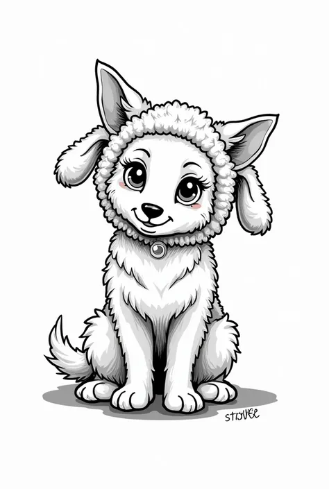 Beautiful border collie with big eyes and light fur in sheep costume in peaky blinders style black and white coloring page comic 