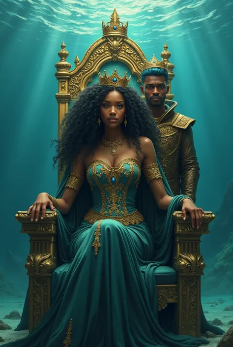 Realistic drawing of a black woman with green eyes and long curly hair sitting on a throne, and a man with short blue hair, fair-haired and brown-eyed standing beside the throne, the two at the bottom of the sea, with crowns 