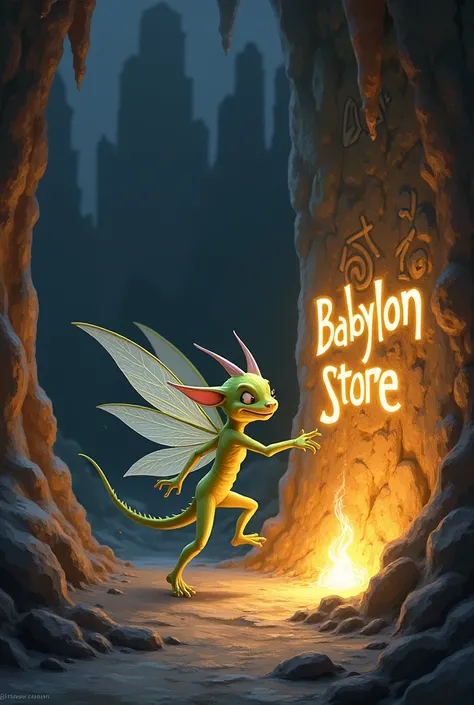 a garden sprite writing the word babylon store on the wall of the dragon&#39;s cave