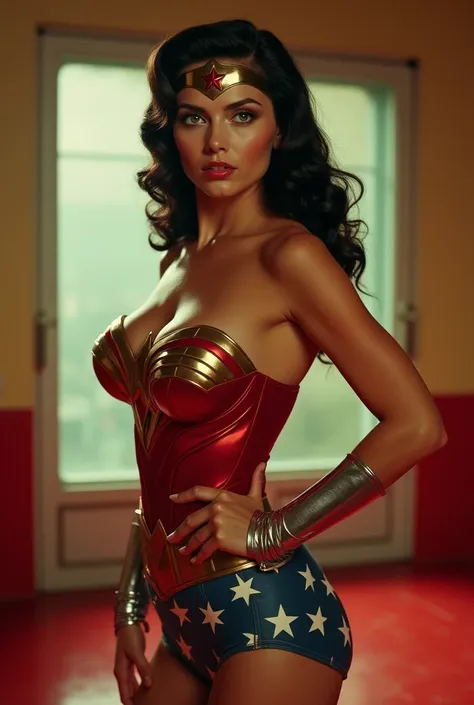 Screengrab of 1950s Super Panavision 70 movie. Retro in color. Wonder Women in sexiest pos.