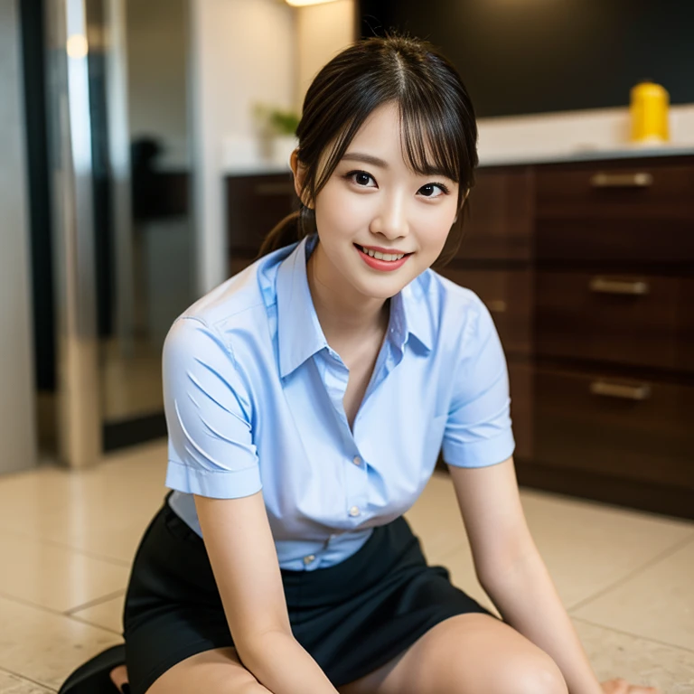 (A stunning Korean office lady, looking at the viewer, bathroom, short-sleeve shirt, mini-skirt, youthful charms, smooth complexion, beautiful detailed face, beautiful detailed eyes and lips, long eyelashes, slender figure, Anatomically Correct, feminine, ...