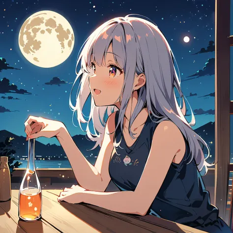 Illustration of a girl wearing a sleeveless top。The character wears light, casual, sleeveless clothing.、Enjoying a glass of sake while looking relaxed。Full moon night