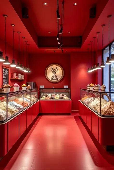 Interior design of an ice cream shop, that it is striking and elegant and pretty in red and that it is more friendly to her. All kinds of tastes  
