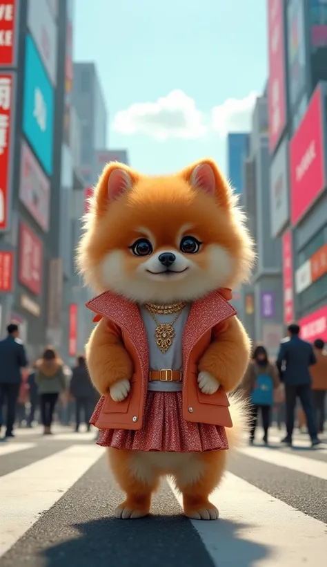 A Pomeranian dressed like a gal stands like a human in Shibuya