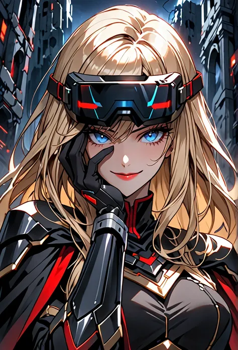 solo, female, sfw, medium shot, huge woman, extremely tall woman, blue eyes, blonde, long hair, black uniform, ((black armor)), black cape, gold trim, red trim, muscular, ruins, smile, military cap, one hand on face, yandere pose, baggy breeches, broad sho...