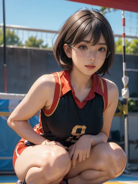 8k, RAW Photo Best Quality, masterpiece, Realistic, Realistic, (1 Ultimate Beauty), ((Cosplayer wearing a sleeveless volleyball uniform)),((Very large breasts))(Please make sure there is only one person in the photo)、(On the volleyball court)(Wear rimless ...