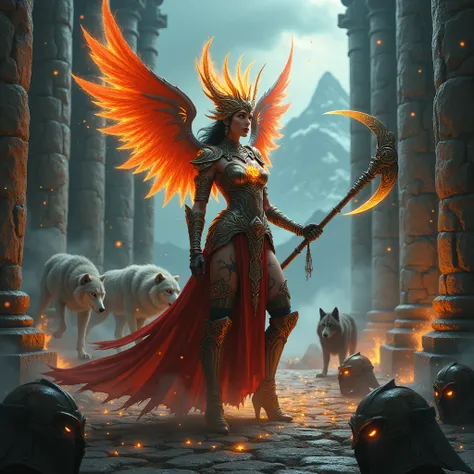 A full-body shot of a strikingly beautiful goddess of war with fiery glowing eyes, magical tattoos, glowing runes on her skin, battle scars, and a scythe in her hand, crackling with energy, standing in a dynamic and fierce pose with an expression of fierce...