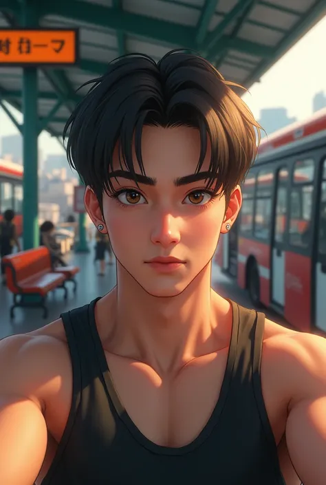 Twenty year old athletic boy, white skin, brown and straight hair, black eyes, well-formed eyebrows and eyelashes, small and shiny earrings, taking a selfie at a bus station