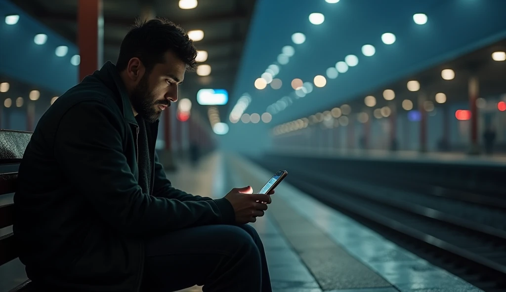 An exhausted man from work sitting on a bench at the train station at night using his cell phone 