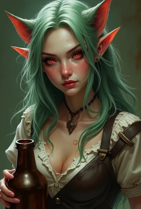 Female Half-Elf, adult, It is obvious that she is a SCAMMER, He has a VERY unruly greenish-white mane, feline look with BLOOD RED eyes, Pale Skin with Freckles, reddish lips and VERY flushed cheeks, sharp cheekbones measures, 1,70 meters tall with a thin c...