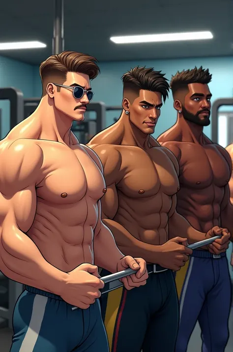 I want an image of 4 1s, With an average height of 1,78, working out together at the gym with muscular bodies. That to specify better, I will mention its characteristics in detail:

Henrick: he is a young white man with a slightly elongated face/stretched ...