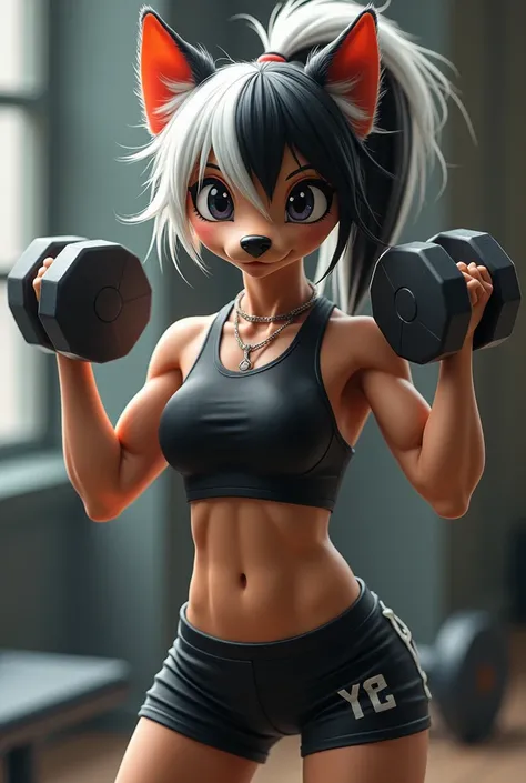 Chinese Crested female dog with humanoid fitness body, with black top and tight shorts with half white half black bangs and ponytail,exercising with dumbbells ,realist style