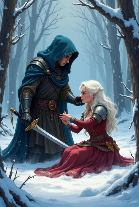 Bandit hooded holding a 1 handed sword on a winter forest helping a injured Female knight have a white hair disney style