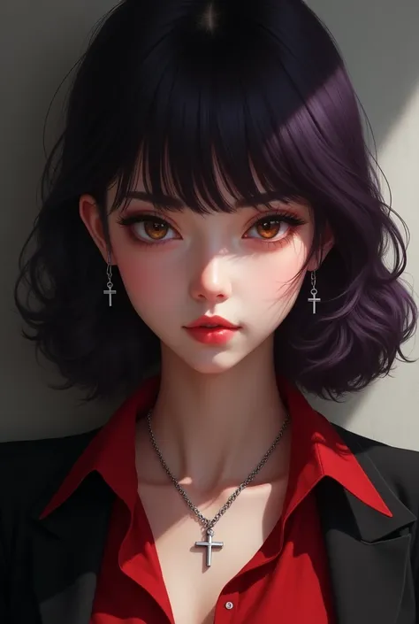 realistic:1.37),dark purple short hair,cool purple flowing hair,fringe,deep amber eyes,2,shoulder length hair,black clothes, scarlet shirt, silver cross ear decoration, silver chain on the neck,Female portrait,a barely noticeable sly smile,bright colors,so...