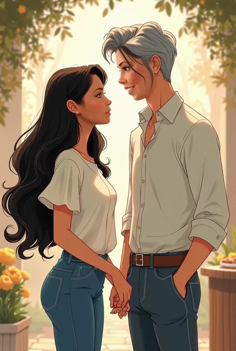 Disney drawing, Woman with long black hair. calca jeans. white blouse, tennis, the eyes escuro,l. tall man, calca jeans, blouse, the eyes, gray hair