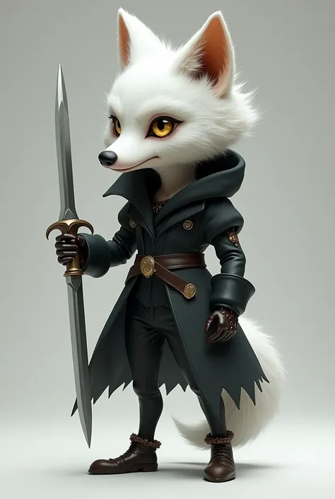 A little white wolf dressed as a thief and holding a dagger (she is small and white like a person with animal likeness)