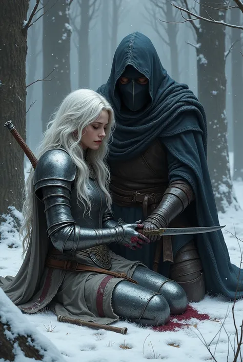 Bandit hooded masked holding a 1 handed sword on a winter forest helping a injured Female knight have a white hair 