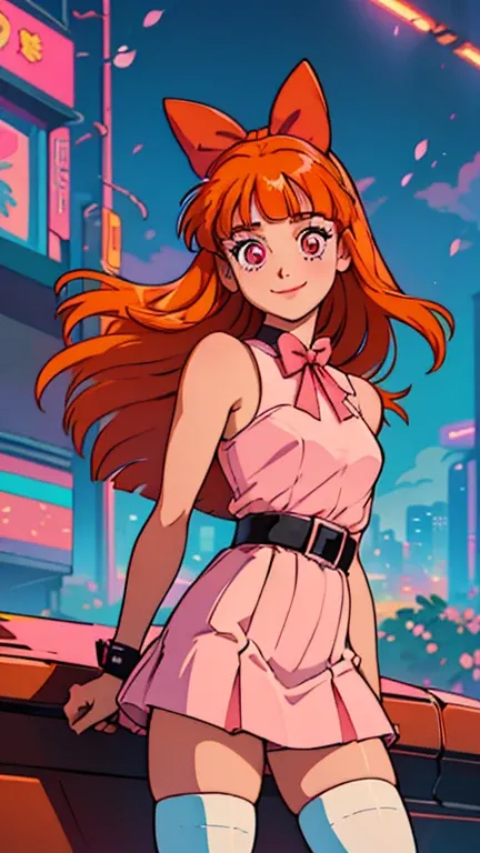 (80sFusion:0.6), (night, neon light city), (masterpiece, best quality), (anime, illustration), 
best photo pose, dynamic angle, cowboy shot,
girl, solo, smile, perfect detail eyes, delicate face, (Blossom:1.5), (long orange hair, blunt bangs, pink eyes:1.2...