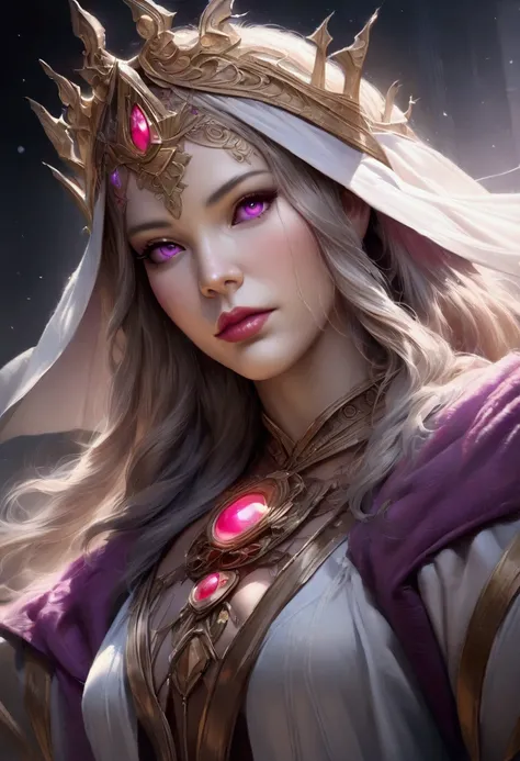 A beautiful, detailed portrait of Lunox, the Moonlight Enchantress, with a serene and ethereal expression. Soft, glowing skin, long eyelashes, and striking violet eyes framed by a delicate, intricate headdress. Lunox is adorned in flowing, shimmering robes...