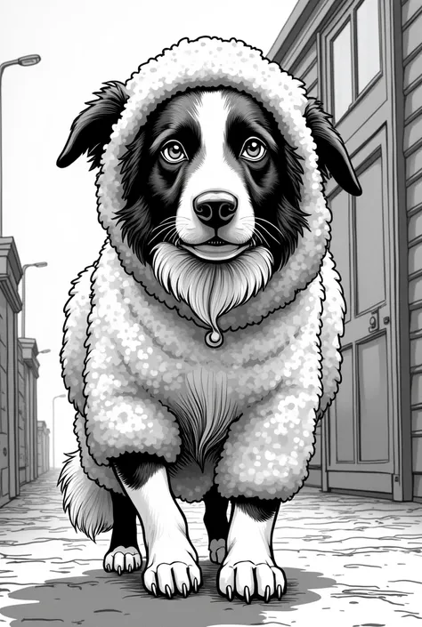 Realistic big border collie with big eyes in sheep costume in peaky blinders style black and white coloring page comic 