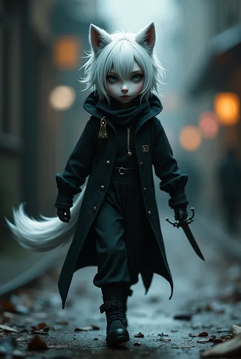 A human with wolf ears and tail with white hair wearing thief&#39;s clothes and holding a dagger (she is small and white like a person with animal likeness)