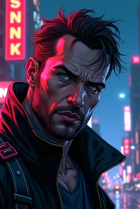 make a portrait of a man in the middle of the night, use cyberpunk style, neon colors, american comic style, cyberpunk 2077, ryan ottley, dan mora