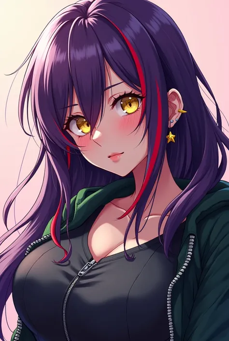 Anime girl with long purple hair with red and green streaks on the sides of her hair. yellow eyes. ear piercing. school clothes. big breasts. Similar to Avril Lavigne. rocker.