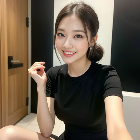 (a stunning korean office lady, looking at the viewer, bathroom, short-sleeve shirt, mini-skirt, youthful charms, smooth complex...