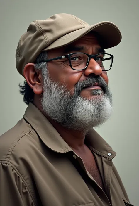 Side face portrait of a srilankan chubby mid age
with a beard wering cap and glasses