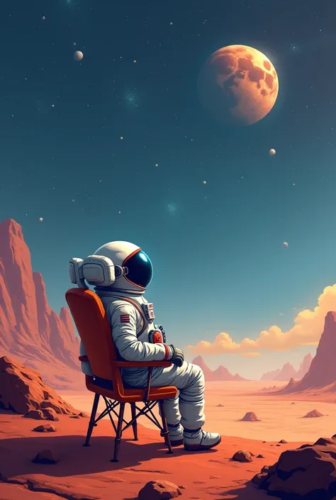 an astronaut sitting on a chair on mars observing space without flag in uniform 8k carton style